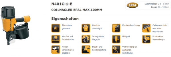 Bostitch Druckluft Coilnagler N401C-1-E EPAL EU Paletten Nagler (55-100 mm) Industrie